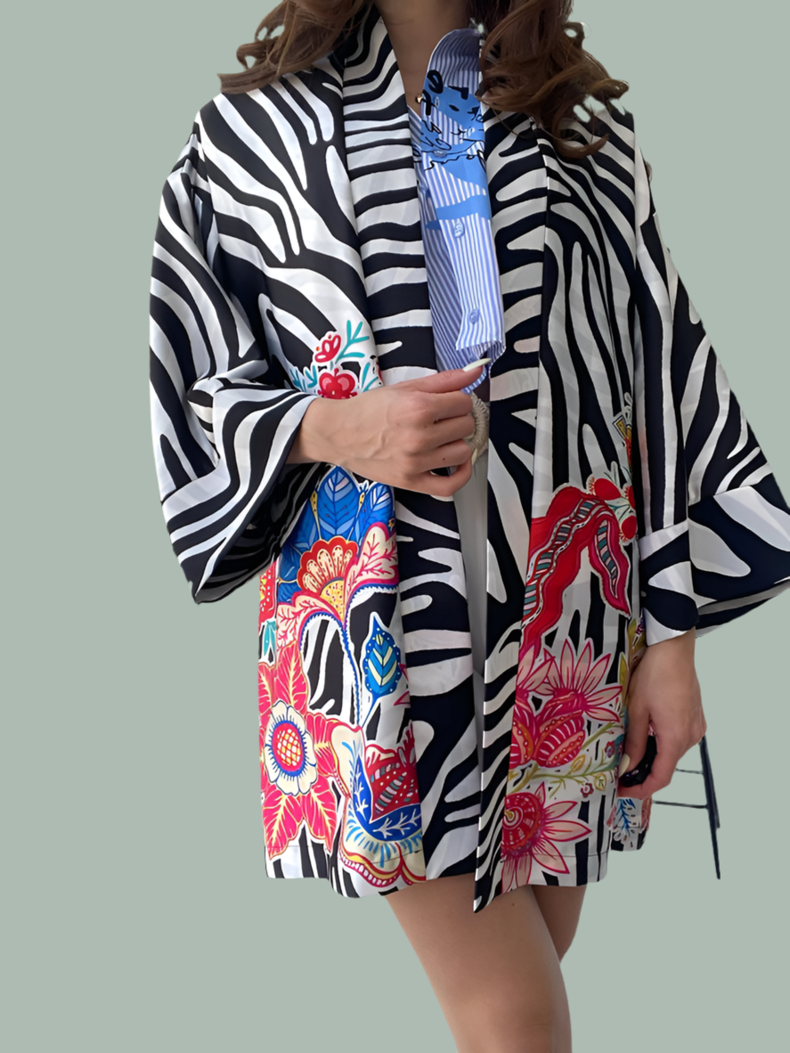 Short zebra kimono with flowers Baroc Boutique ONE SIZE