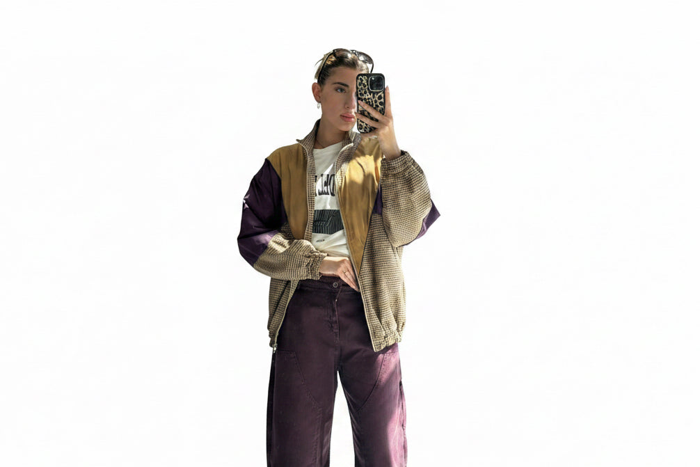 Dixie Checked Pattern Bomber Jacket with Contrasting Geometric Inserts Baroc Boutique Small