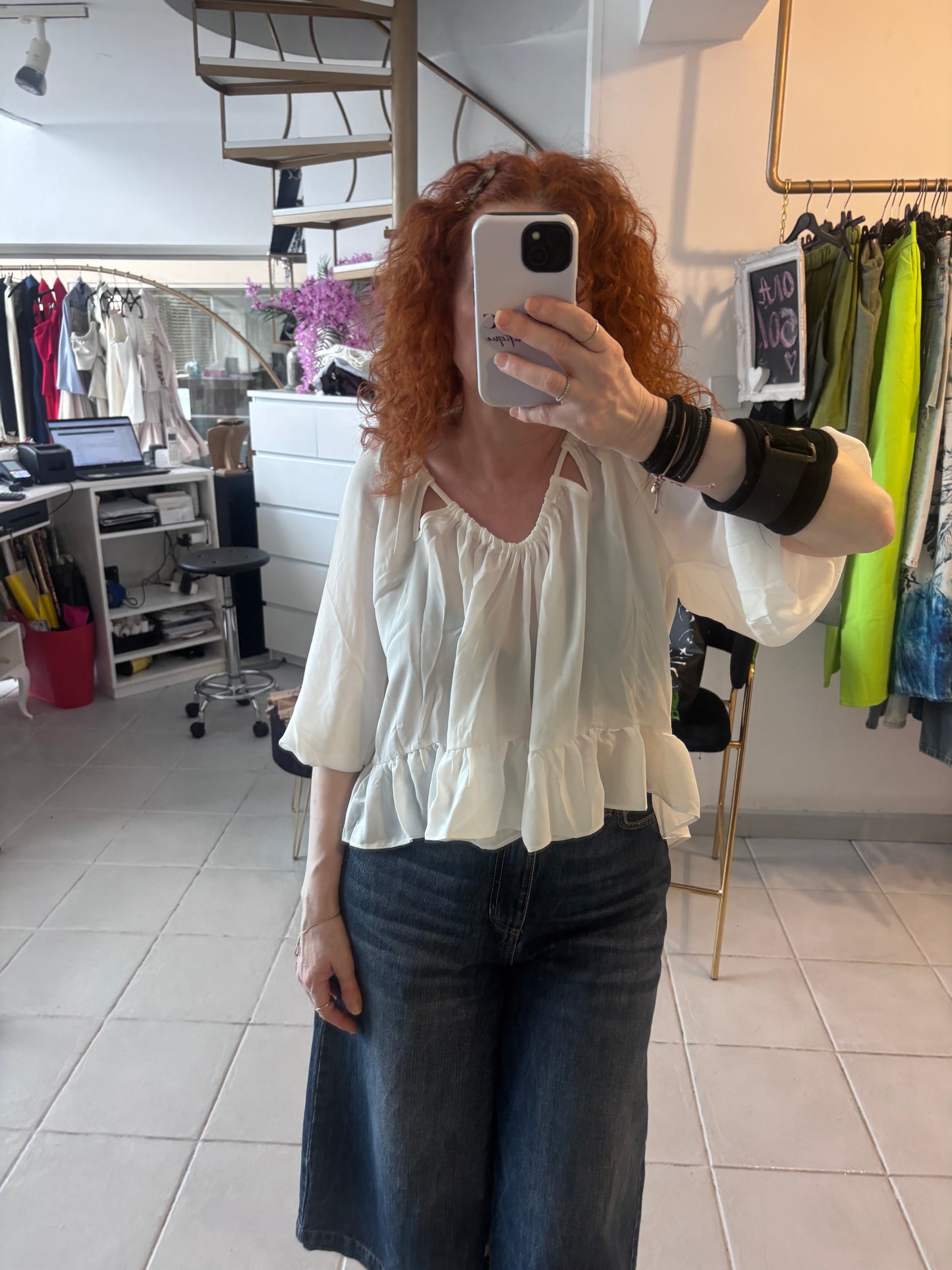 White sheer blouse with ruffle Baroc Boutique