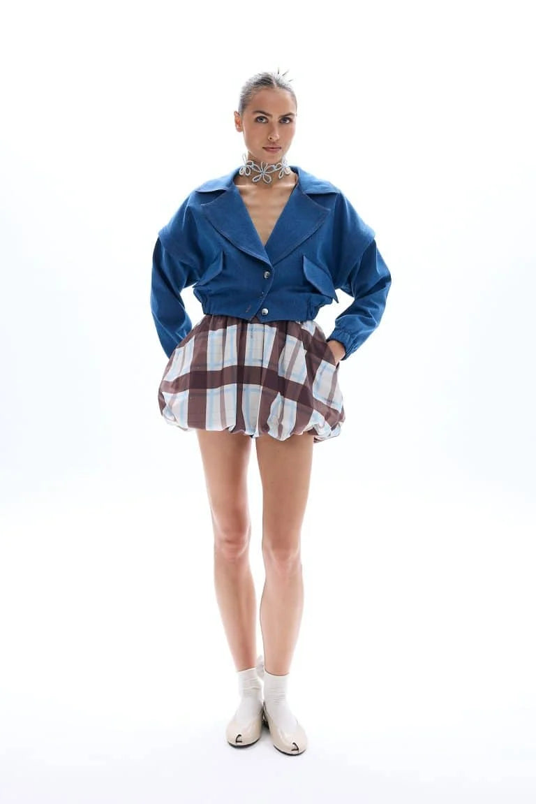 Blue denim jacket with adjustable sleeves