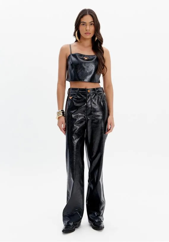 PU full length pants with mid-rise
