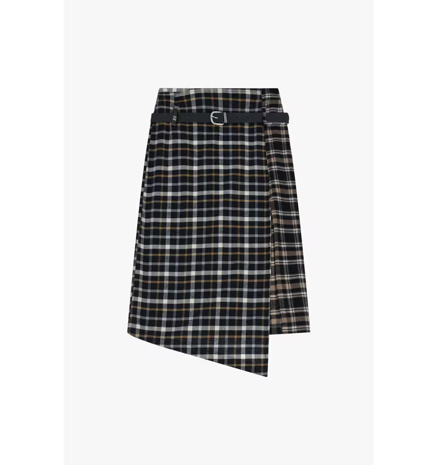 Asymmetrical Belted Plaid Skirt
