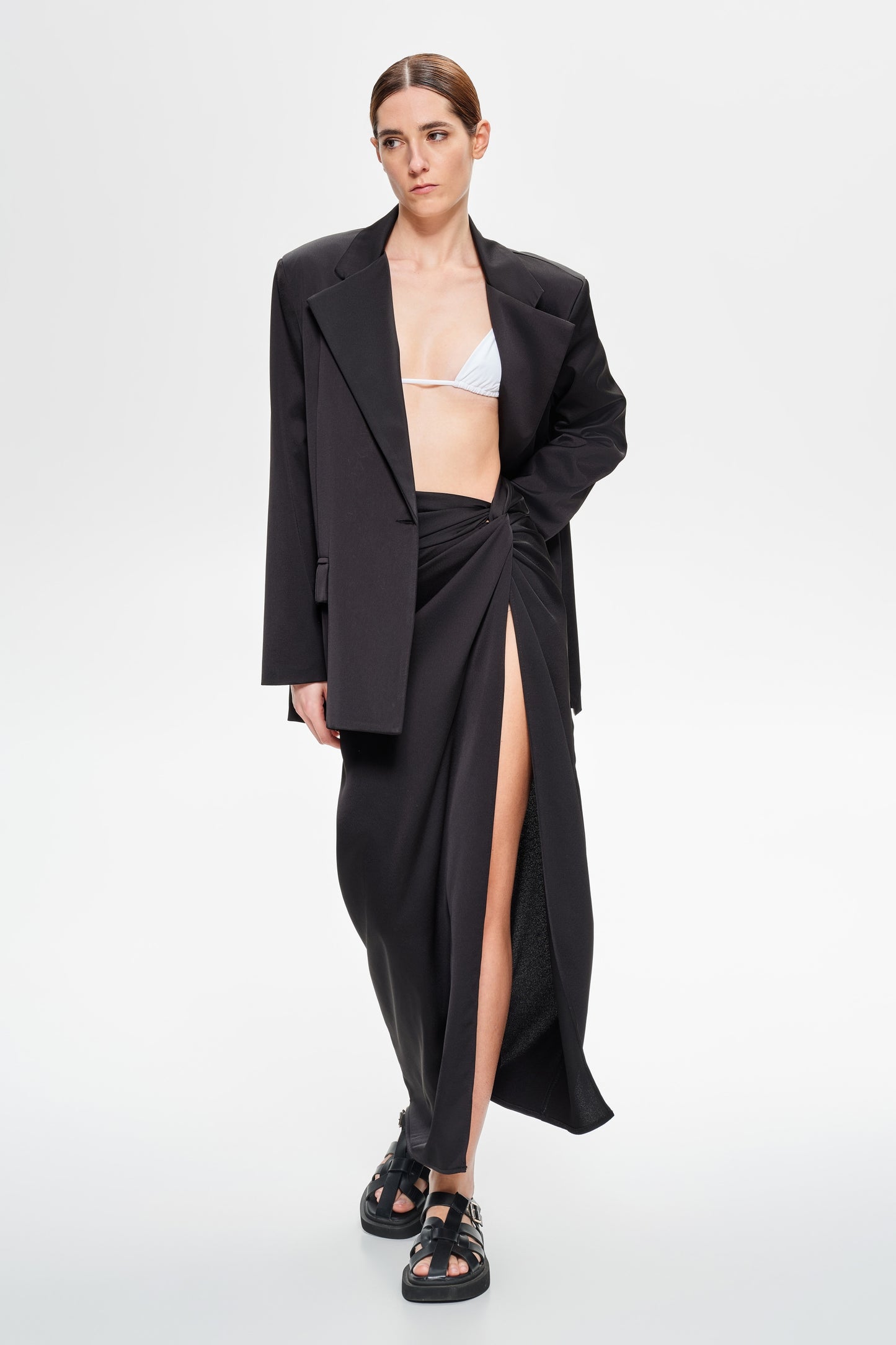 Satin long skirt with a knot
