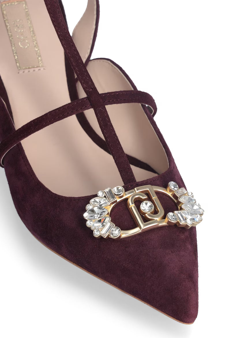 Slingback shoes with bejeweled logo
