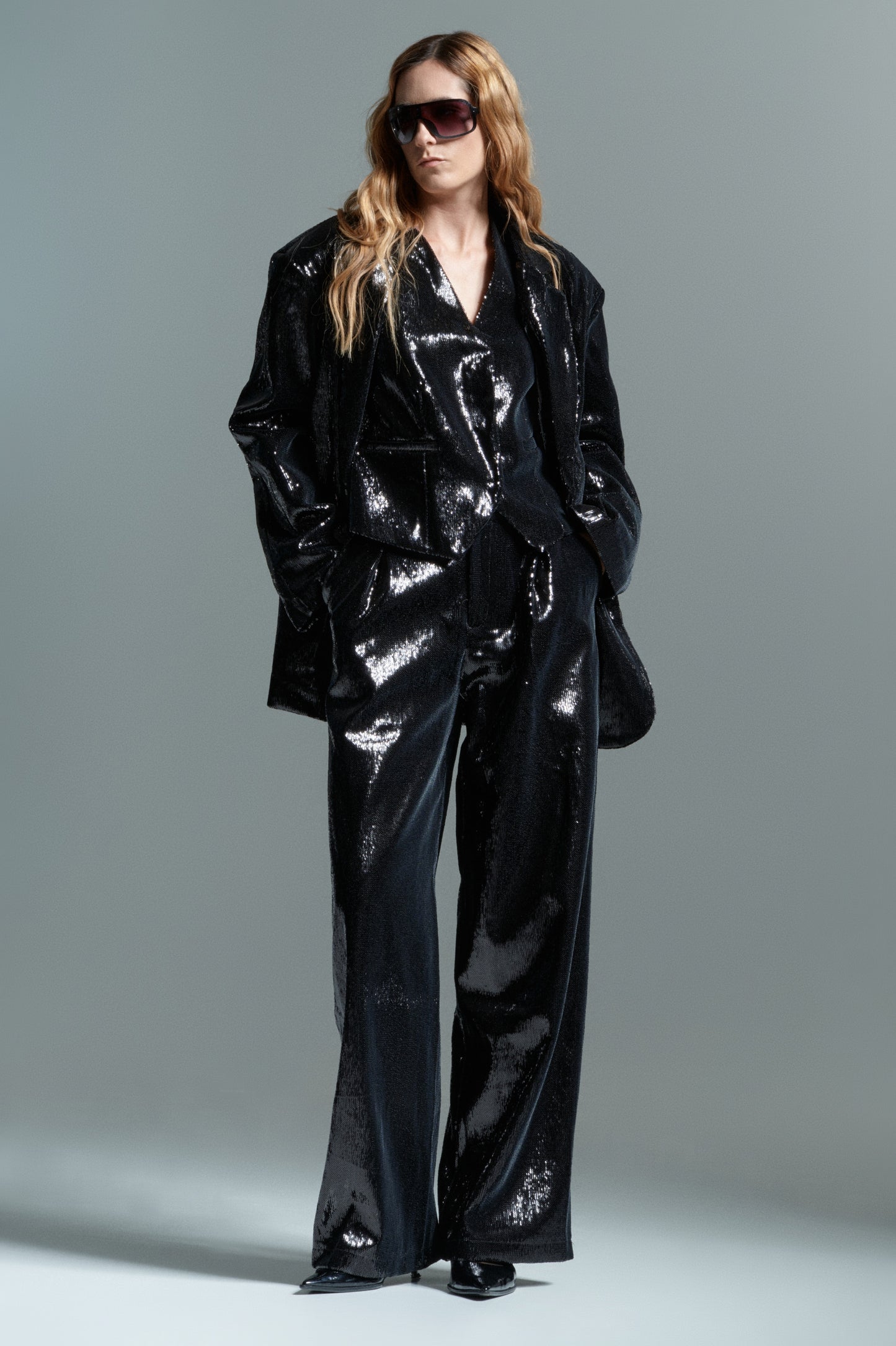 Sequin wide leg trouser
