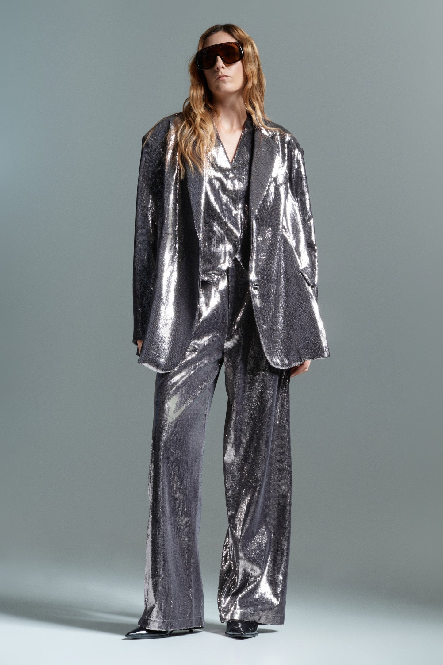 Sequin wide leg trouser