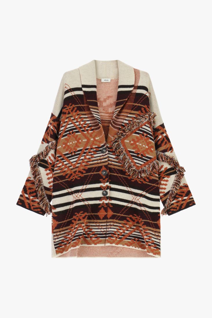 Geometric patterned coat with fringes and buttons