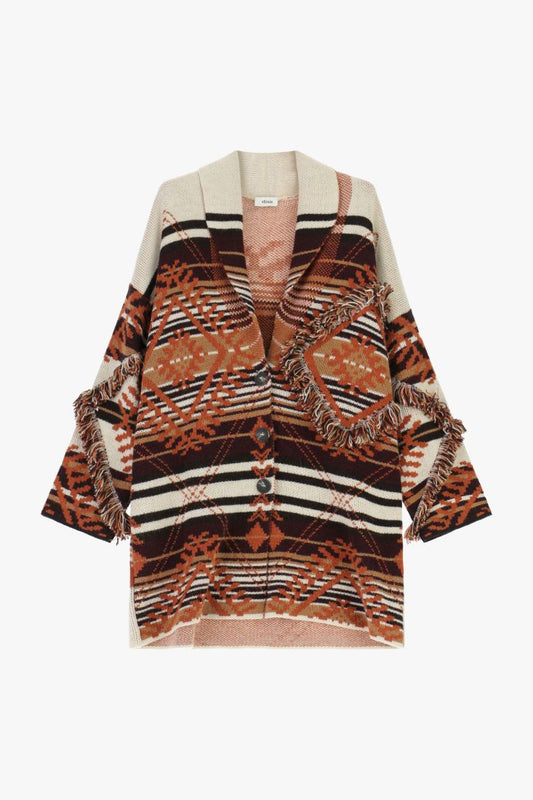 Geometric patterned coat with fringes and buttons