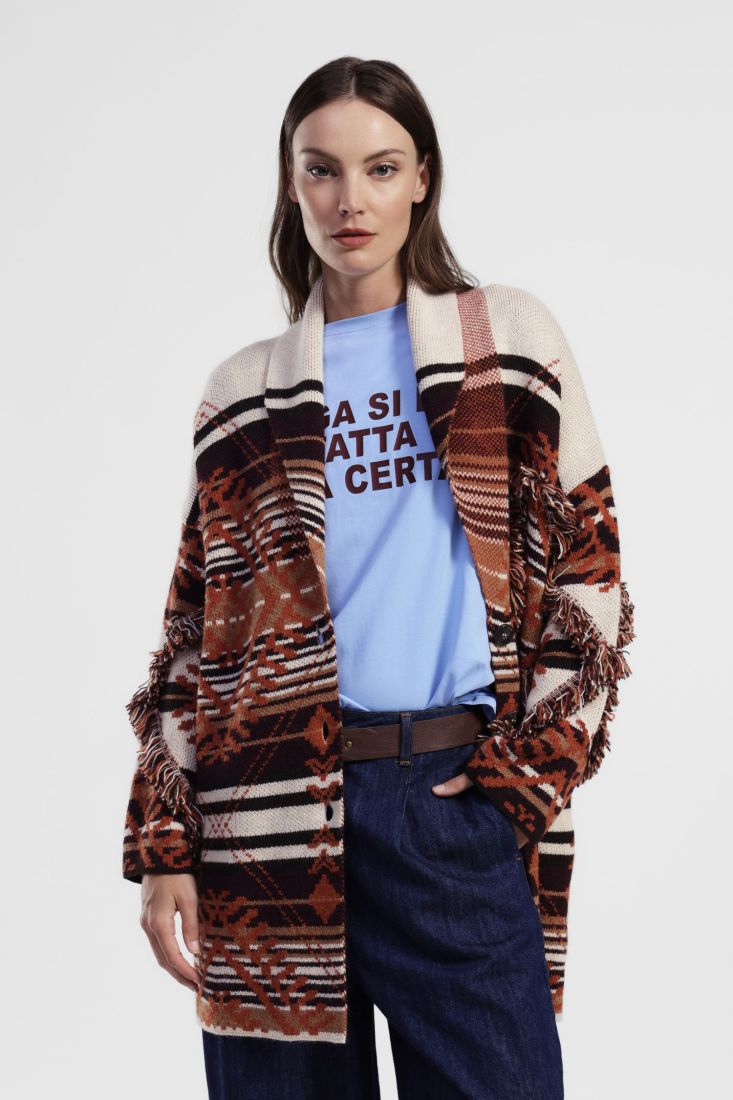 Geometric patterned coat with fringes and buttons