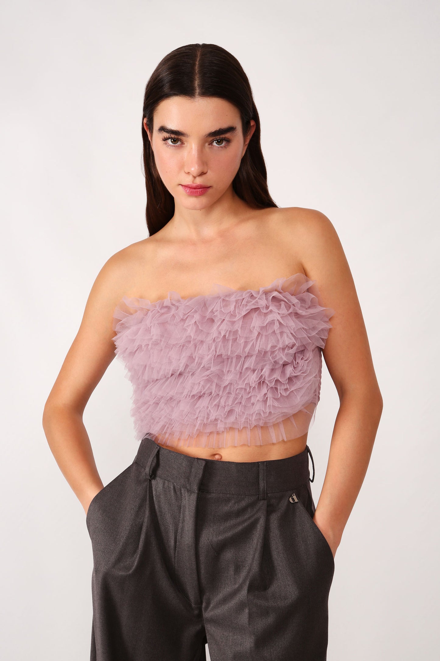 Solid-colour tulle-look crop top with ruffles