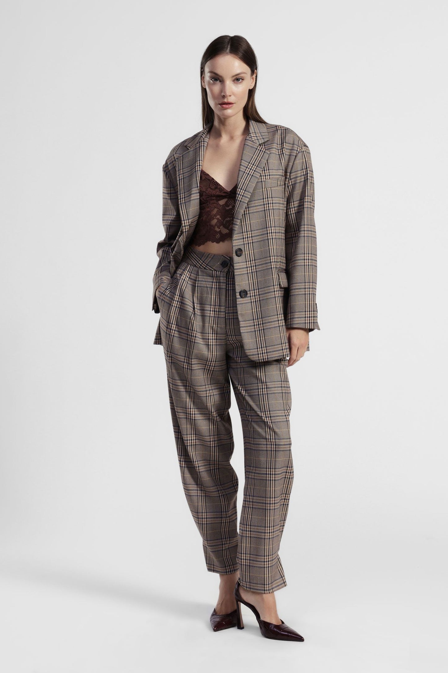 Check print high waist tailored trouser