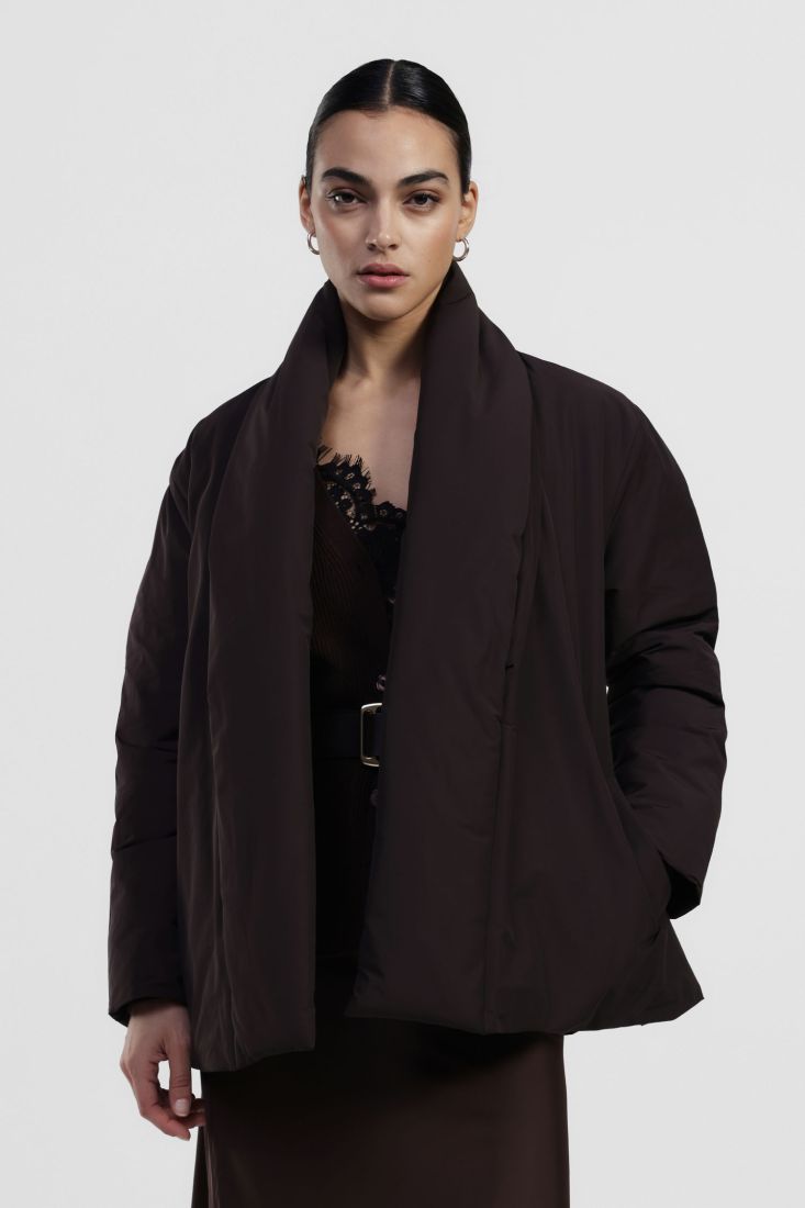 Brown Quilted with wrap around collar and belt