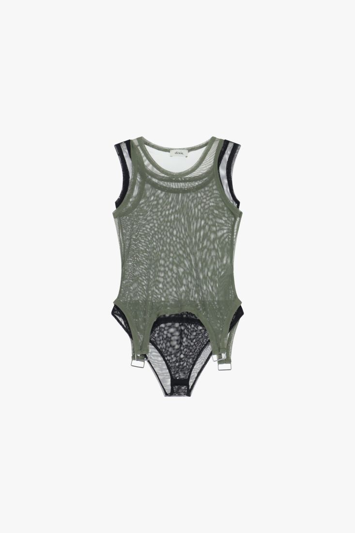 Bodysuit with transparent inserts and metallic details