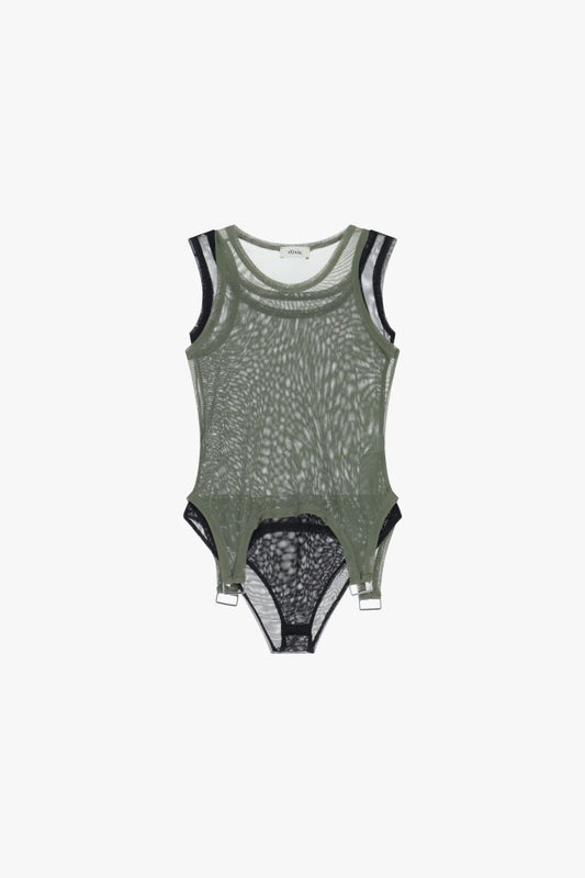Bodysuit with transparent inserts and metallic details