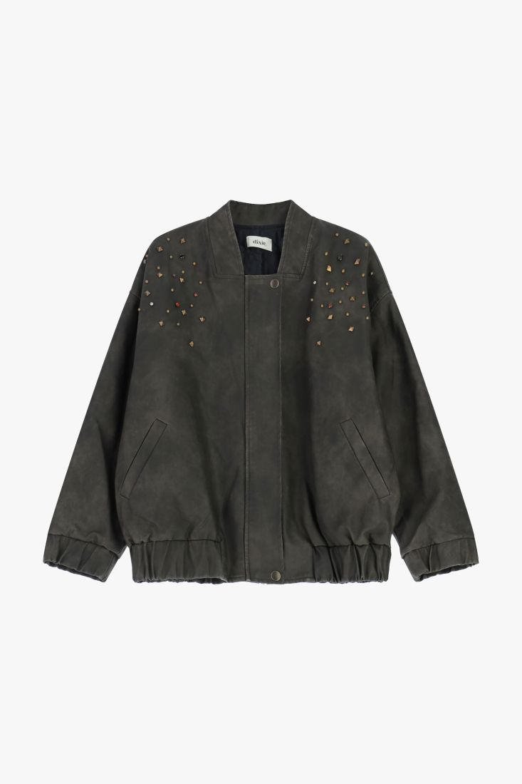 Bomber jacket with embellishments and front closure