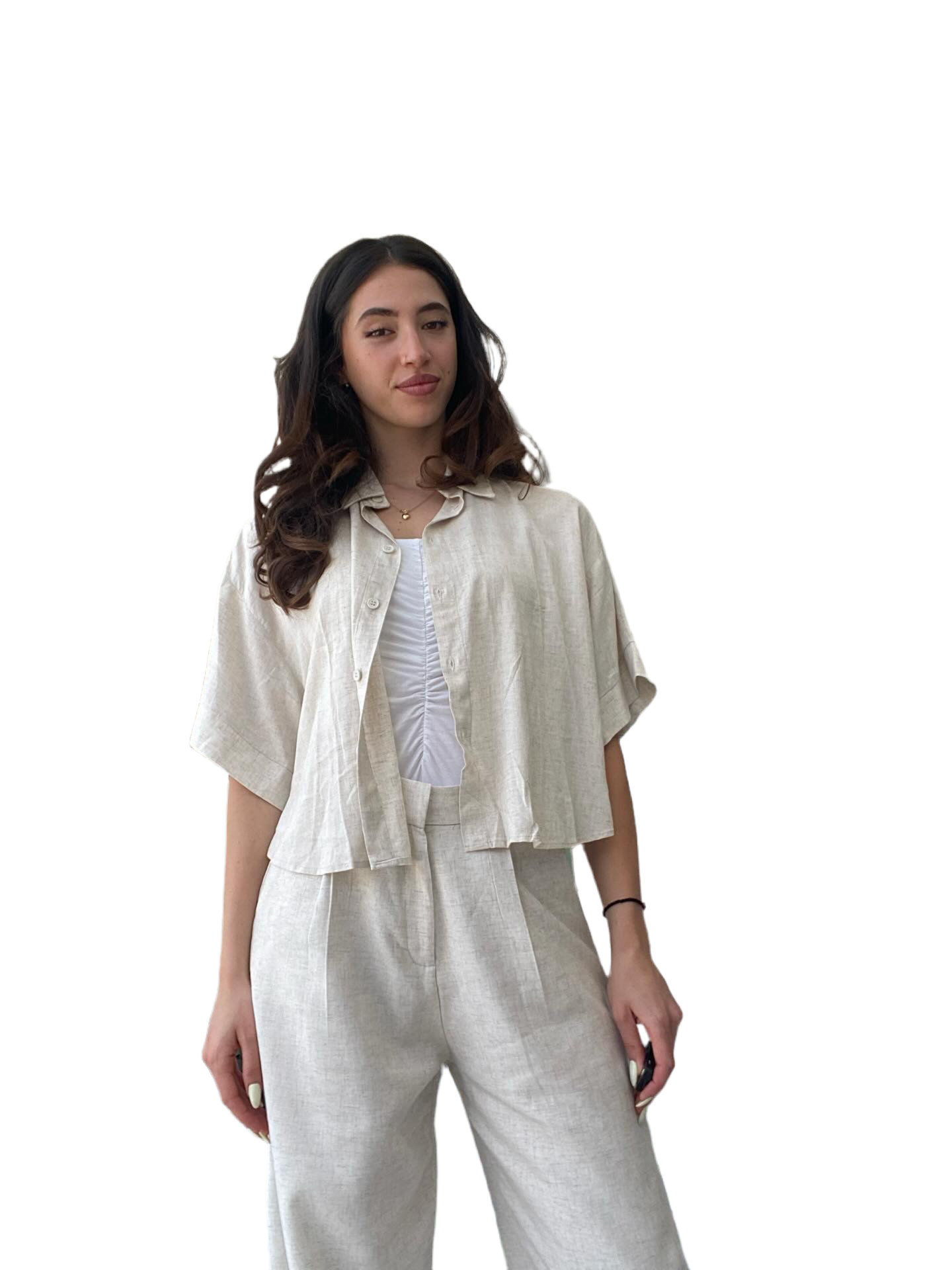 Beige linen crop shirt