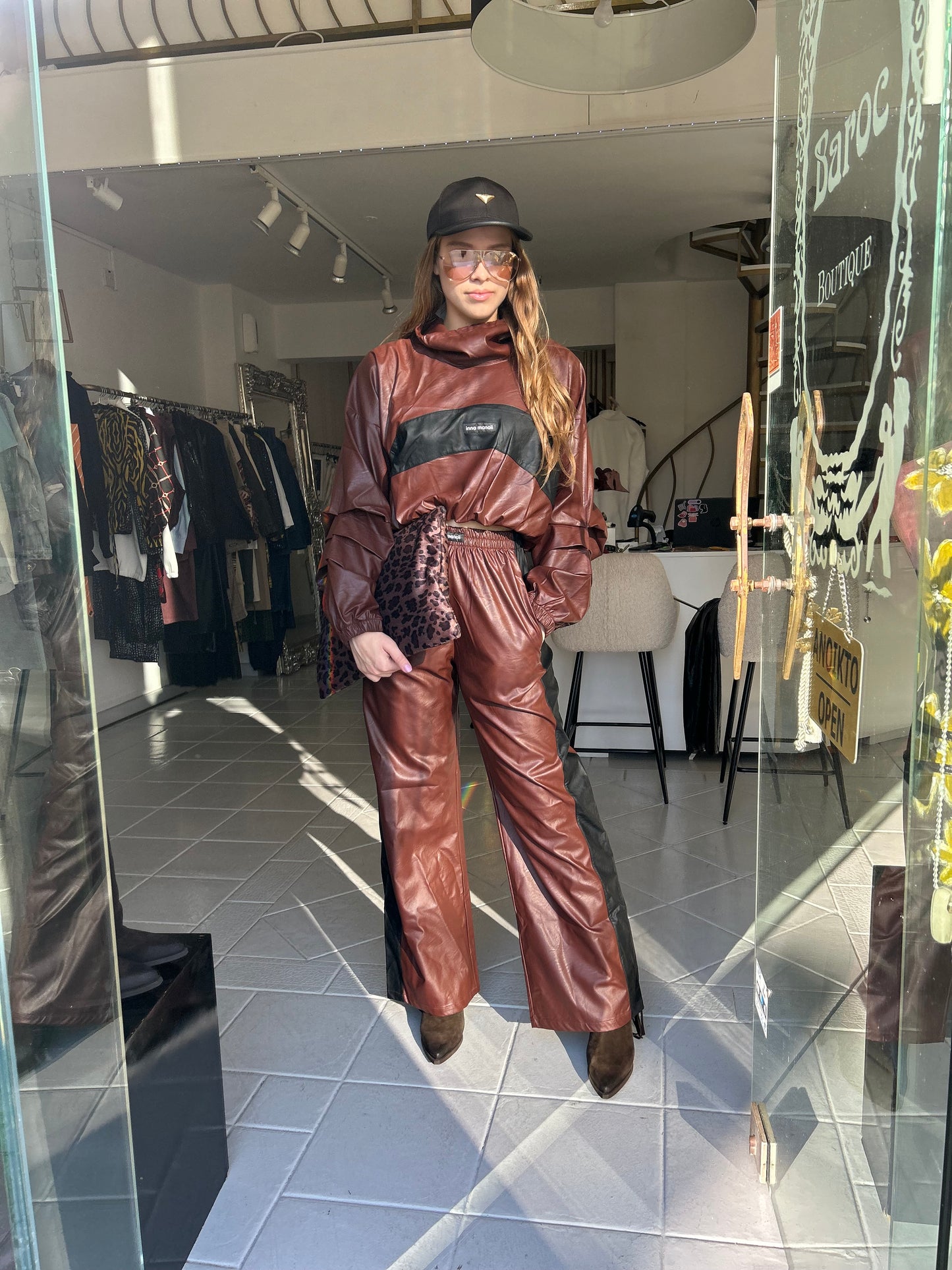 Eco leather crop top and wide leg pants