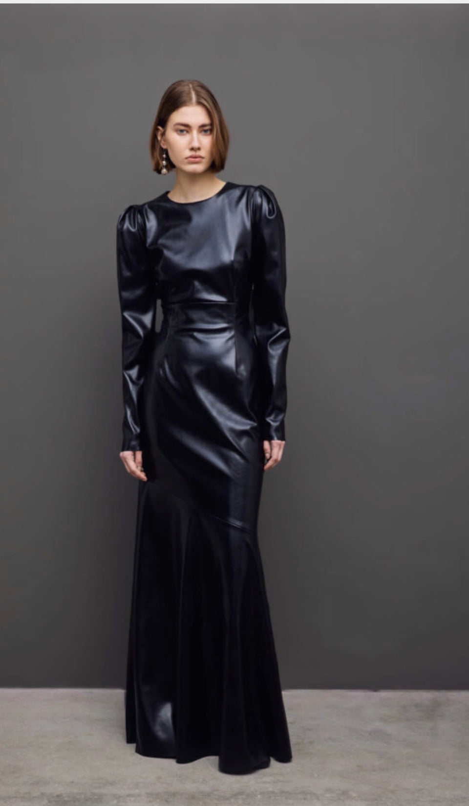 Black eco leather long dress