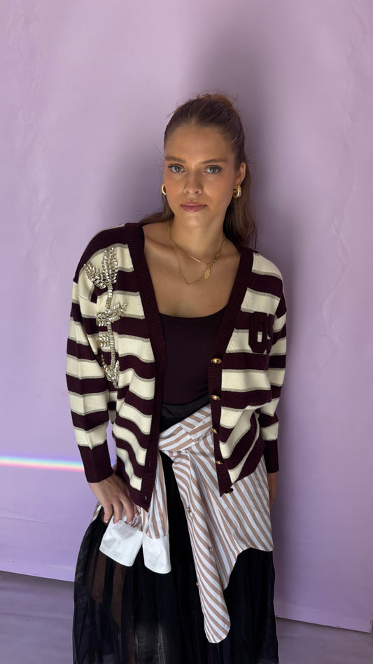 Striped long Cardigan with rhinestones