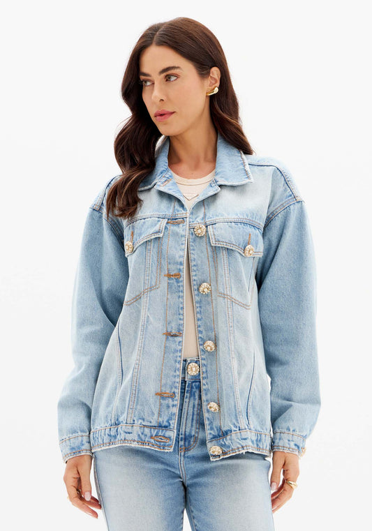 Denim long jacket with crystals