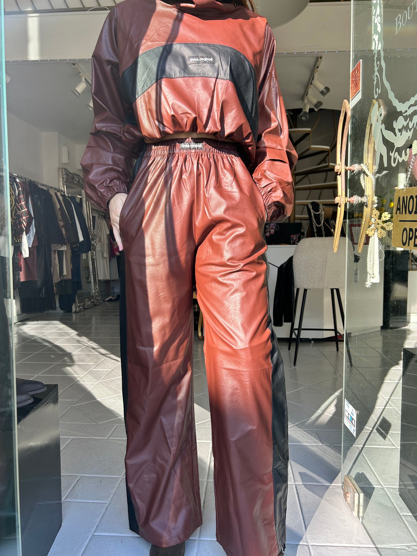 Eco leather crop top and wide leg pants