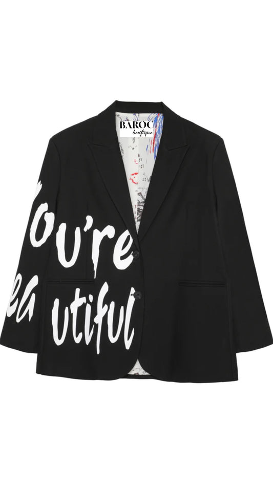 Black blazer with lettering