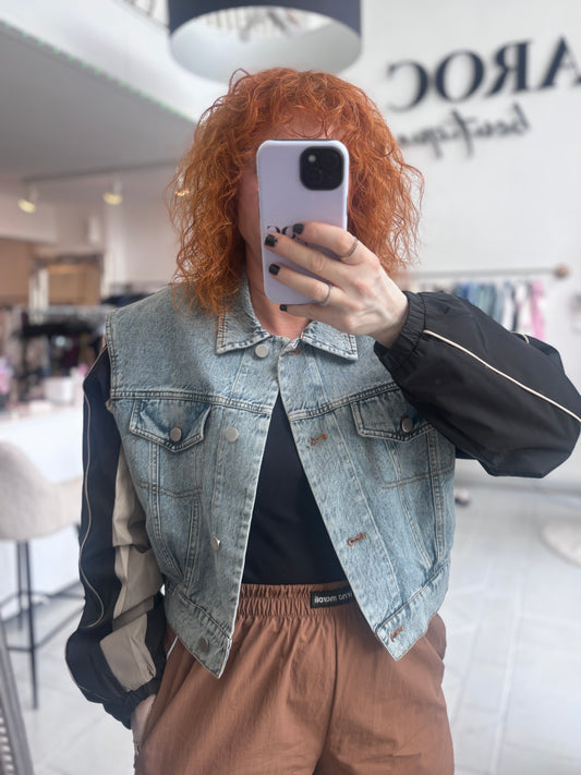 Short denim jacket with taffeta sleeves
