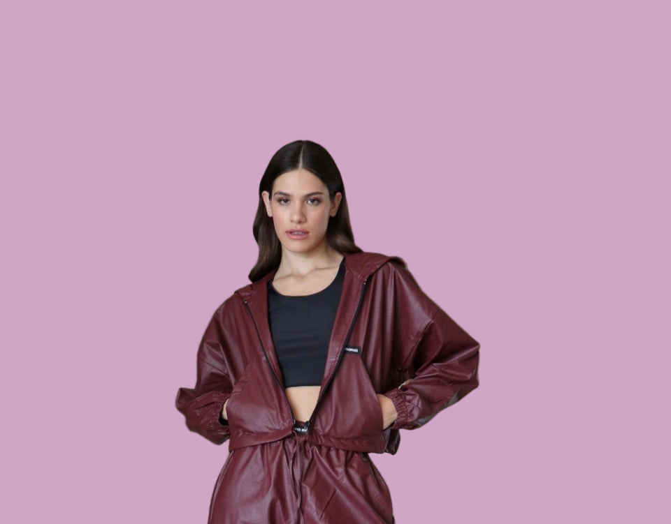 Eco leather jacket with hood and jogger pants