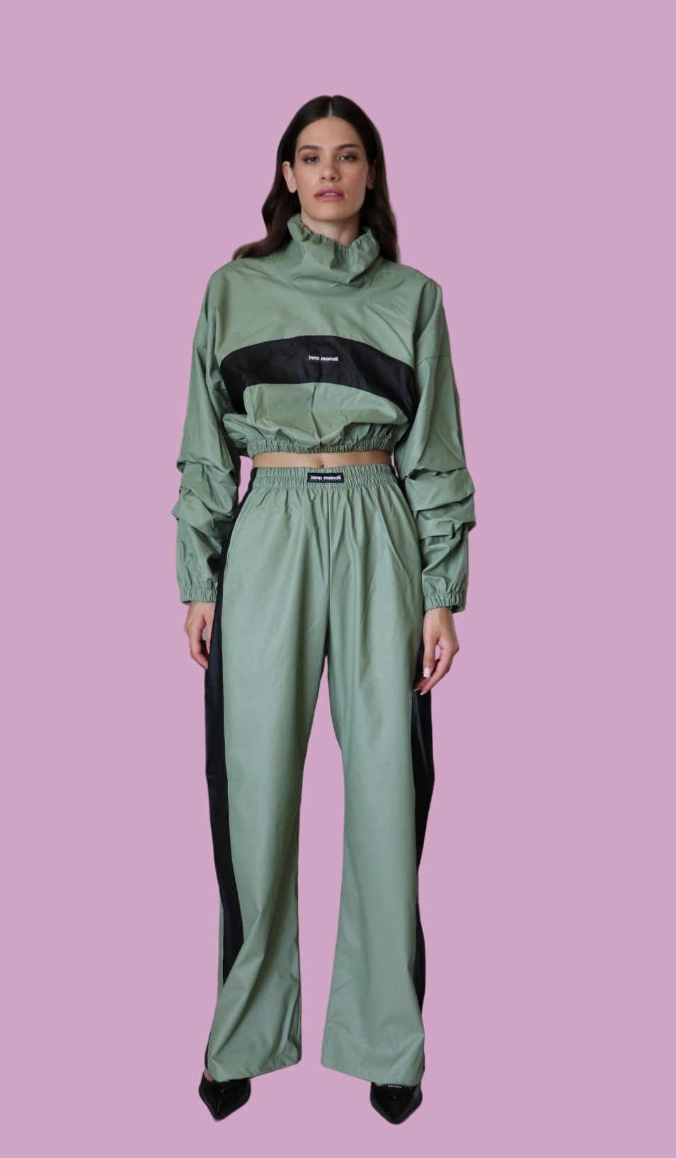 Eco leather crop top and wide leg pants