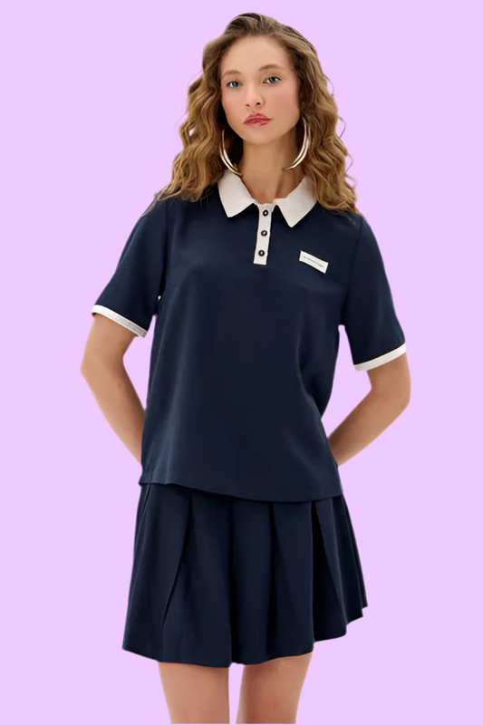 Two colored polo collar blouse