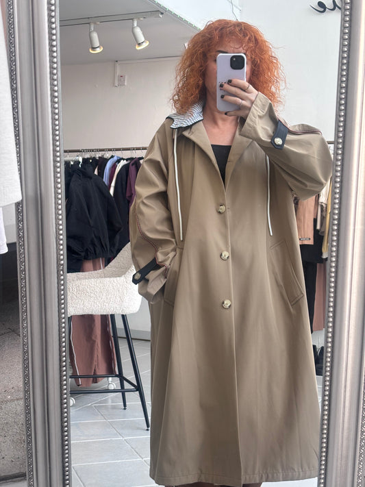 Long beige trench coat with hood
