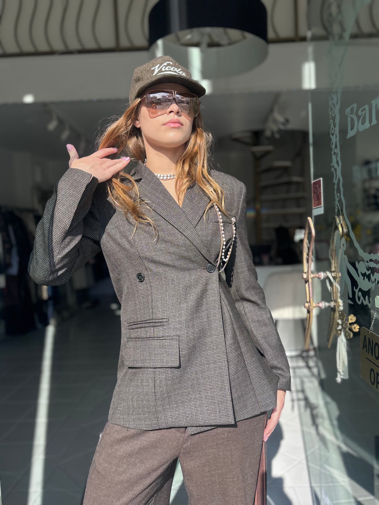 Grey blazer with jewel chain