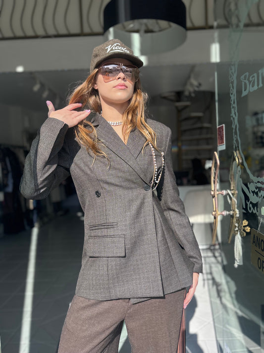 Grey blazer with jewel chain