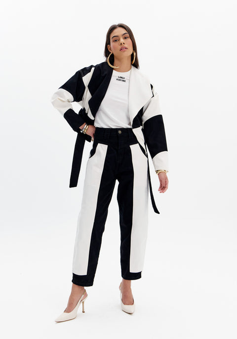 Black and white barrel pants