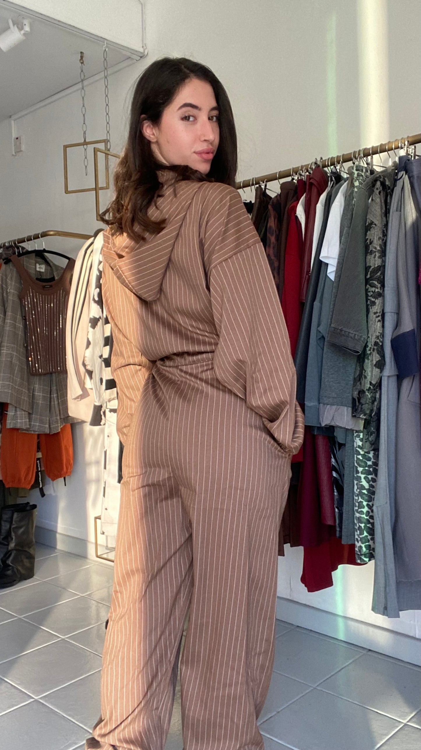 Striped jumpsuit with hoodie