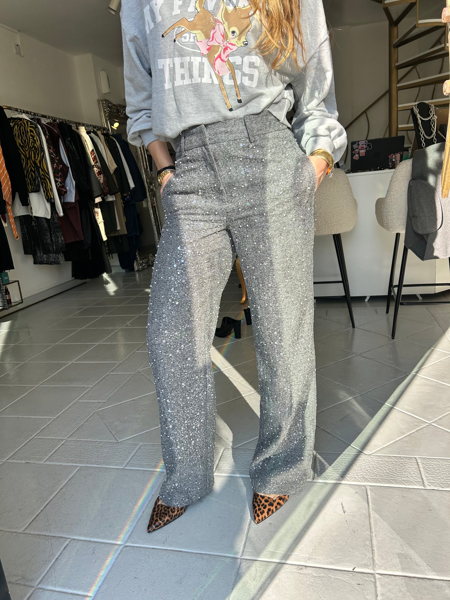 Grey straight trouser with pearls and sequin