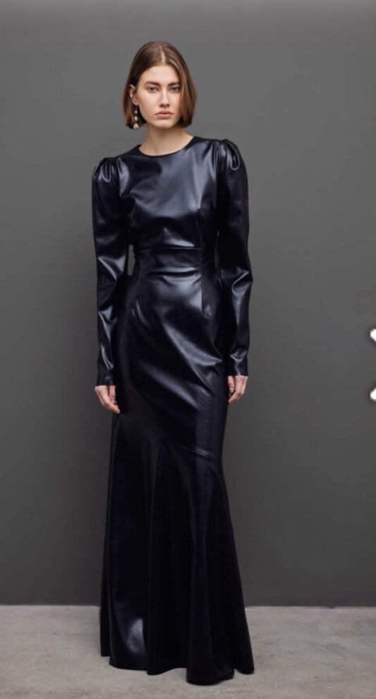 Black eco leather long dress