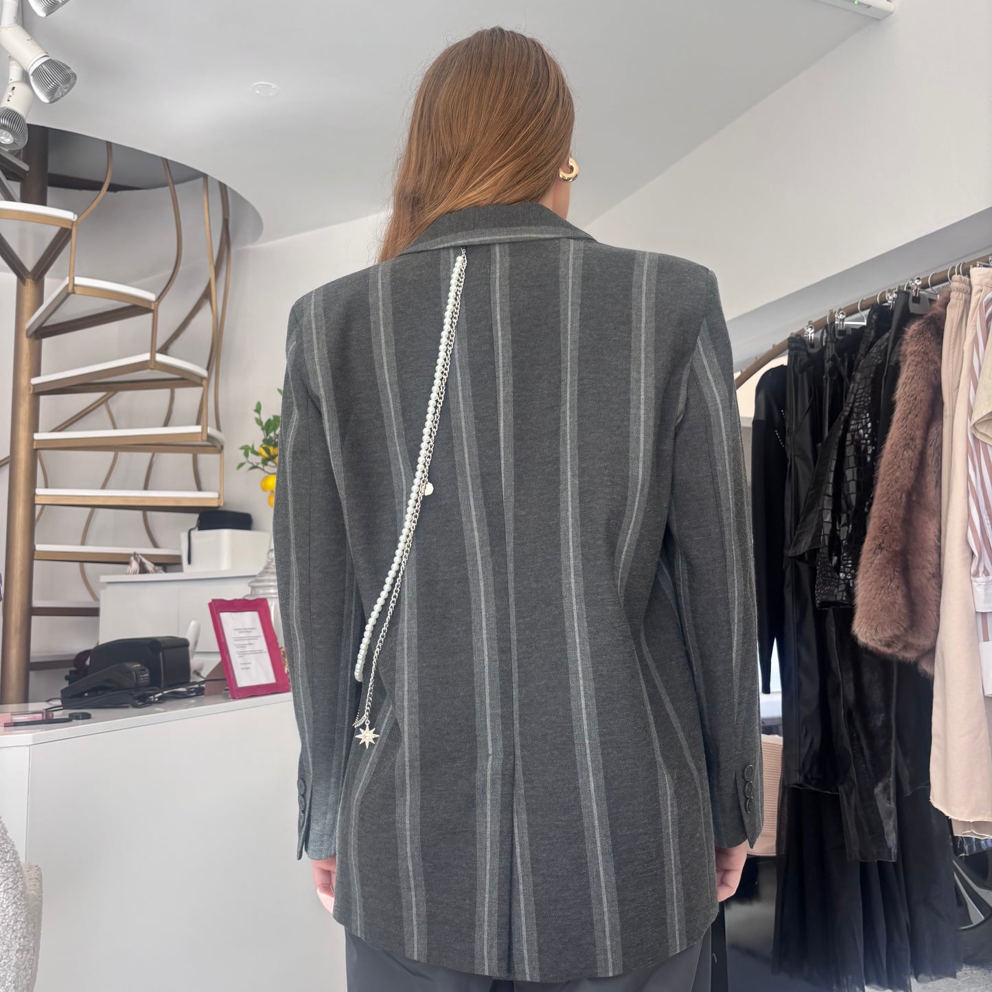 Gray striped blazer with chain