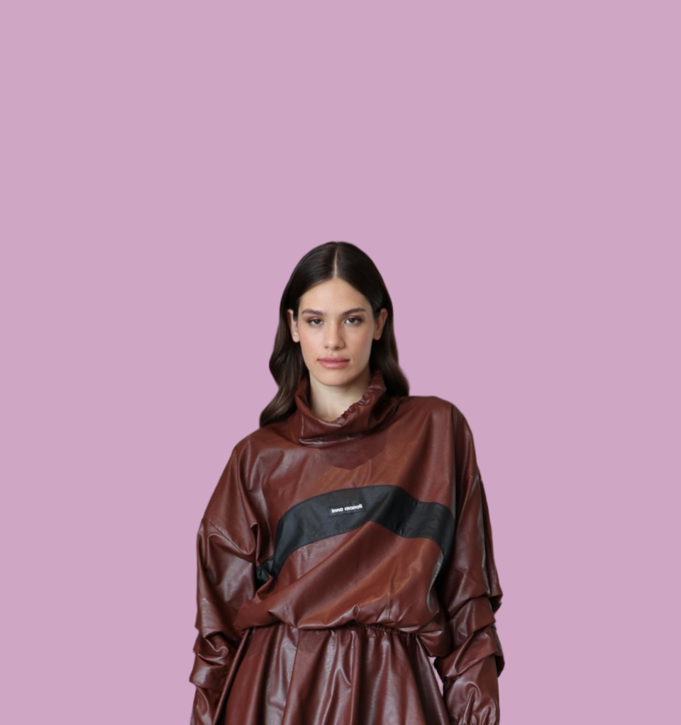 Eco leather waist long top with stripes