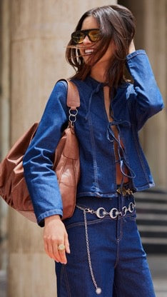 Denim shirt with strings on the front