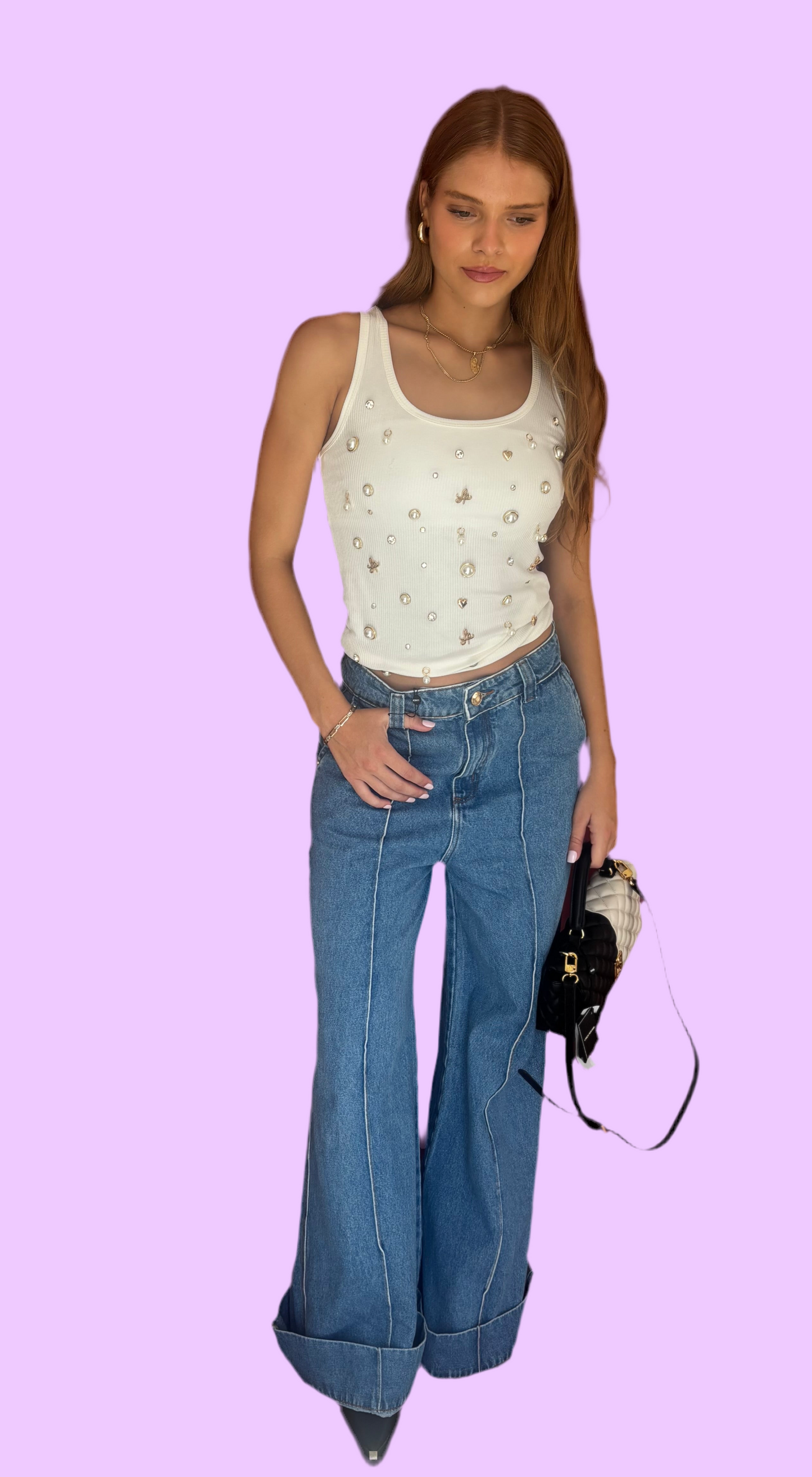 Denim wide leg pants