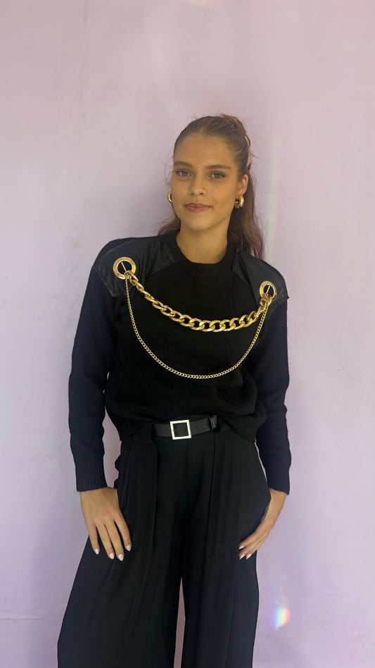 Black knit sweater with chain