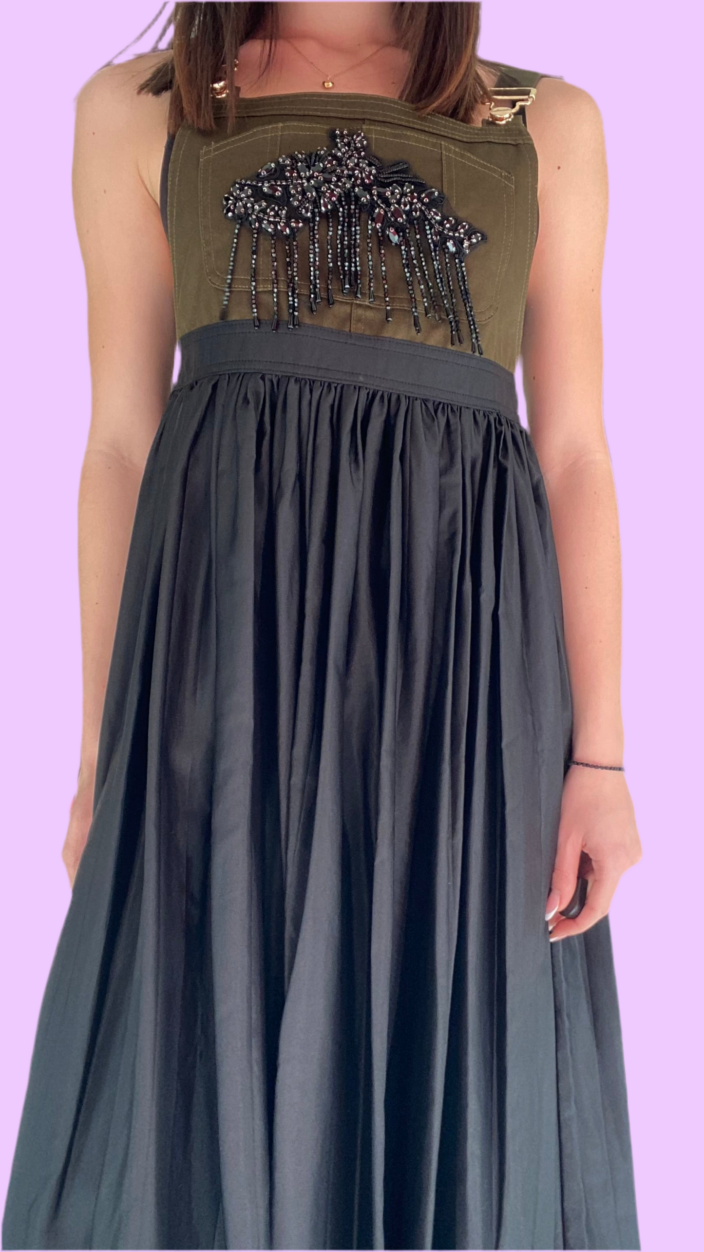 Long dress with denim top and plisse skirt
