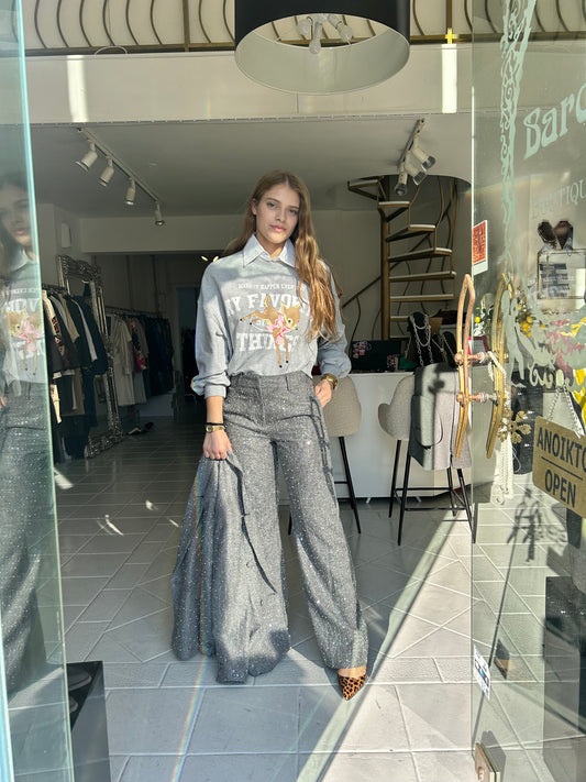 Grey straight trouser with pearls and sequin