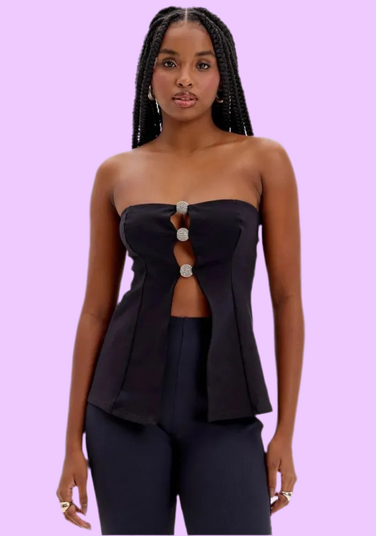 Black strapless top with rhinestones