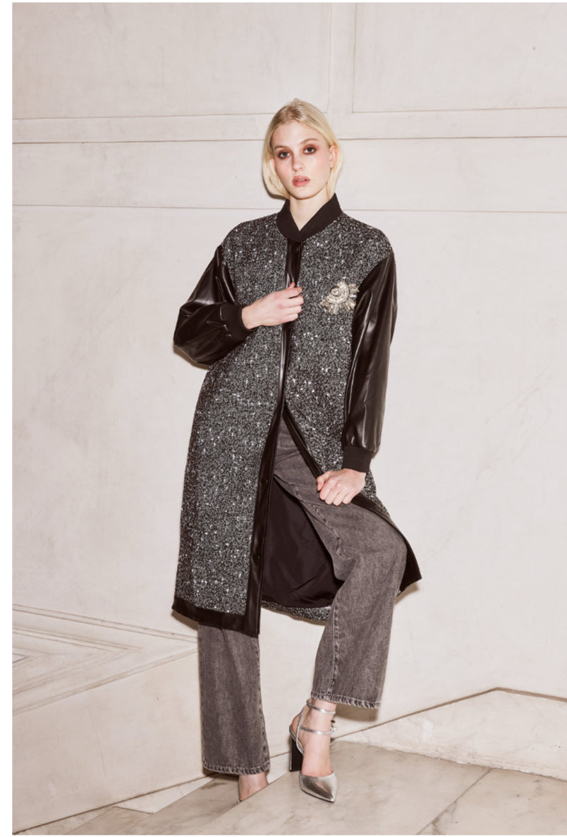 Long coat with eco leather sleeves