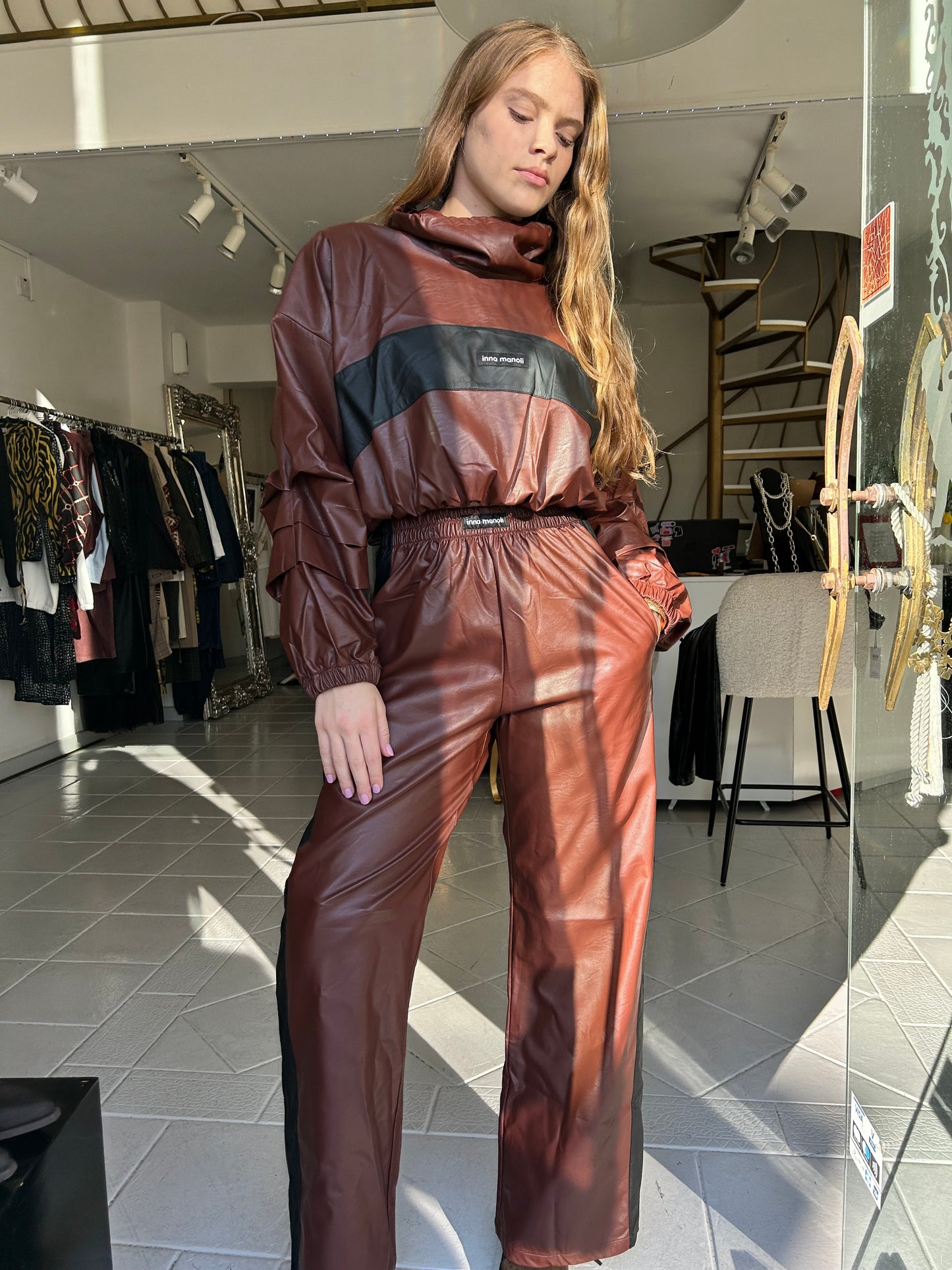 Eco leather crop top and wide leg pants