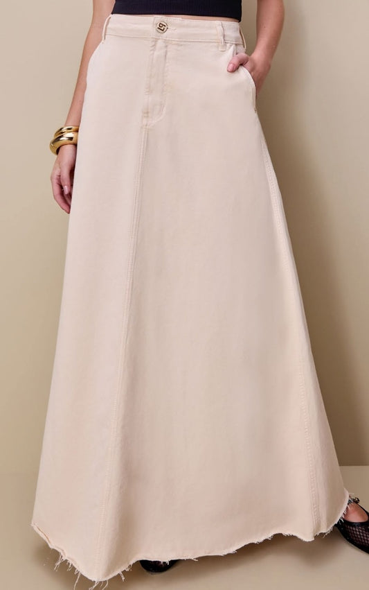 Beige long denim high waist skirt