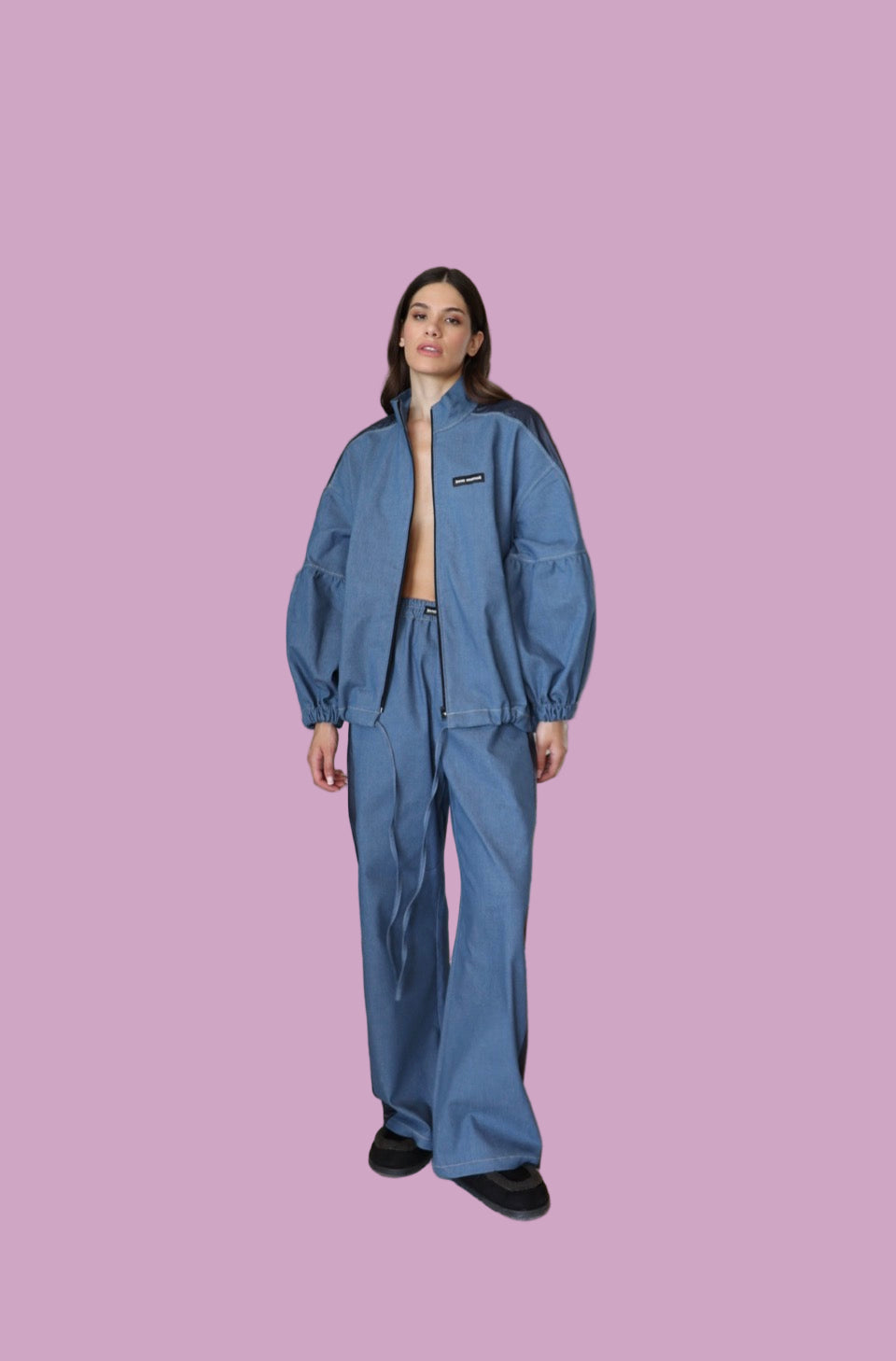 Long denim jacket with zipper and drawstring and pants