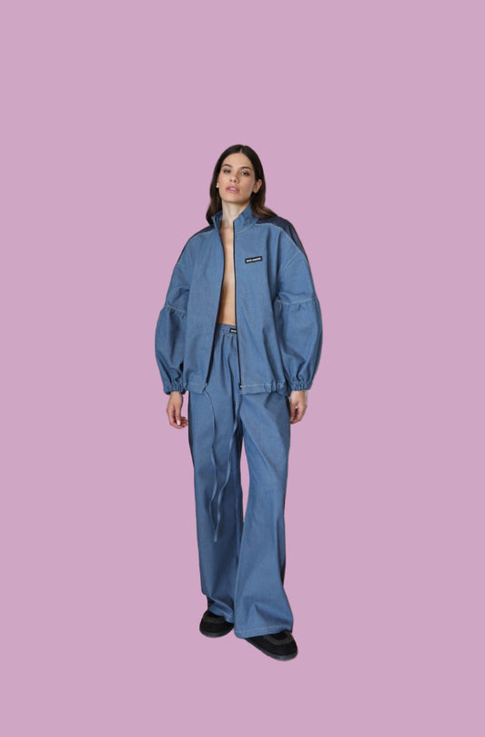 Long denim jacket with zipper and drawstring and pants